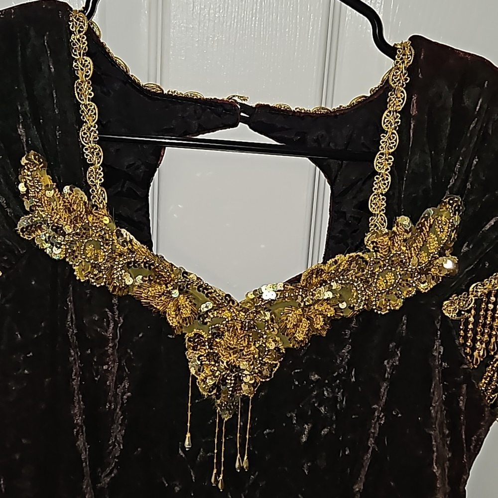 Maxima 100% Velvet Chocolate Gypsy Costume Gown Gold Sequins Beads Size Large 8 - Picture 4 of 17